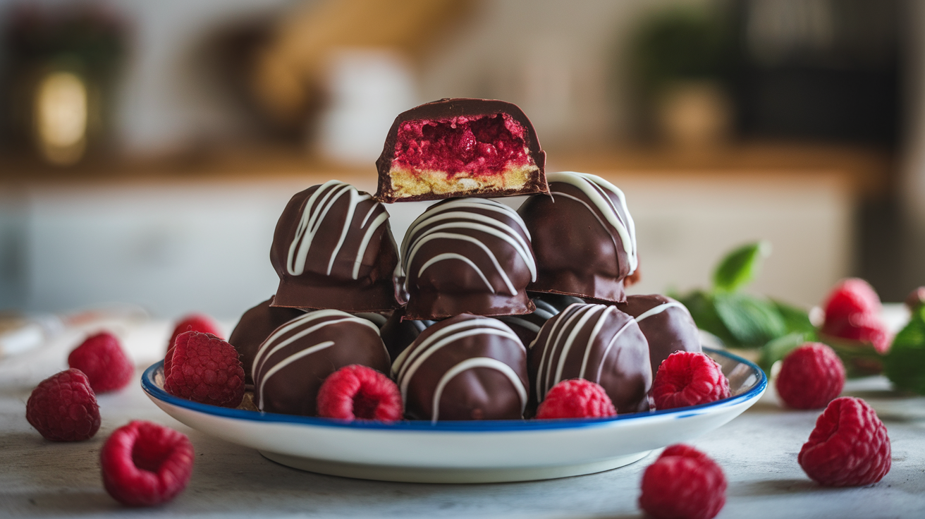 Delicious chocolate-covered raspberry bites, showcasing vibrant red raspberries coated in smooth dark chocolate.