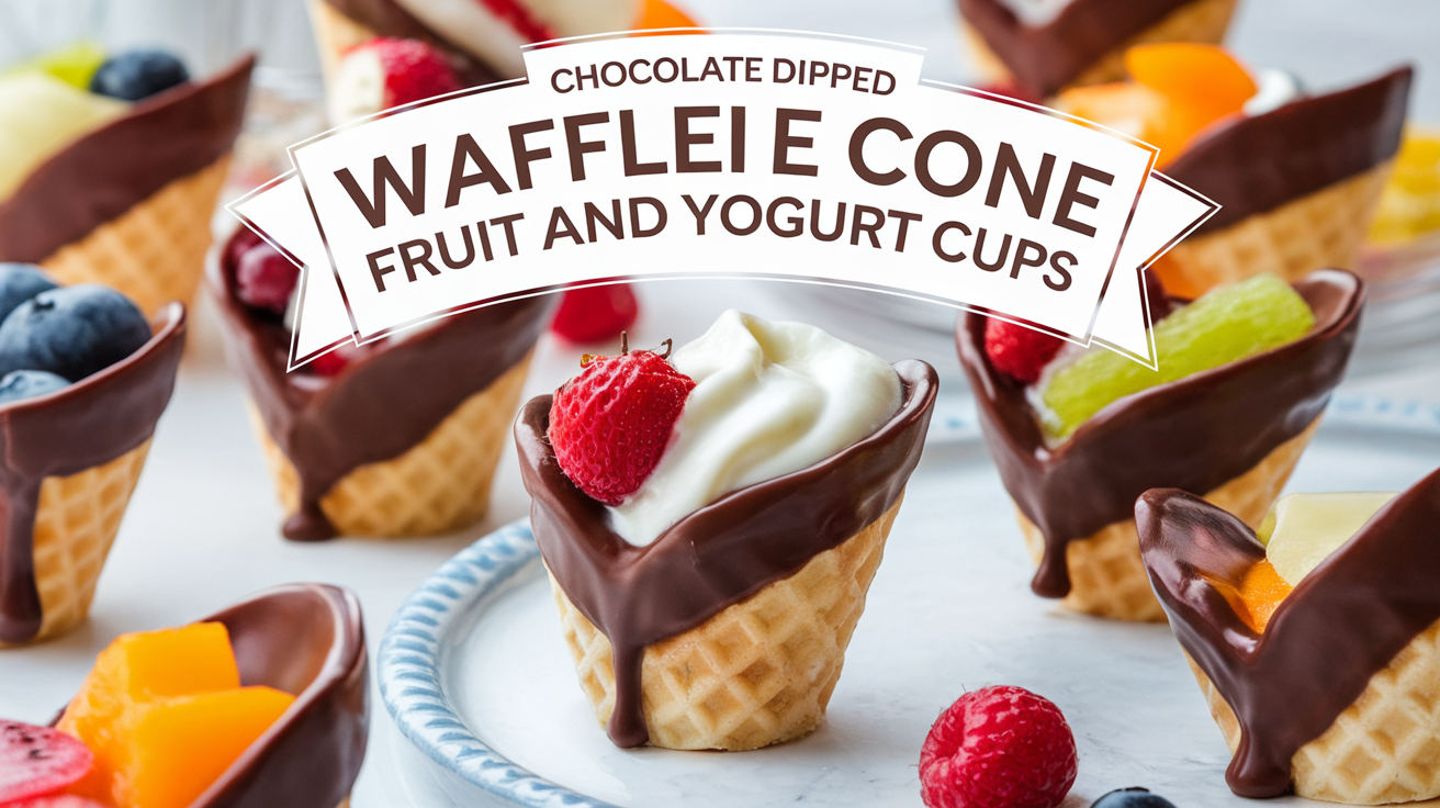A close-up of chocolate-dipped waffle cone cups filled with a variety of fresh fruits and creamy yogurt.