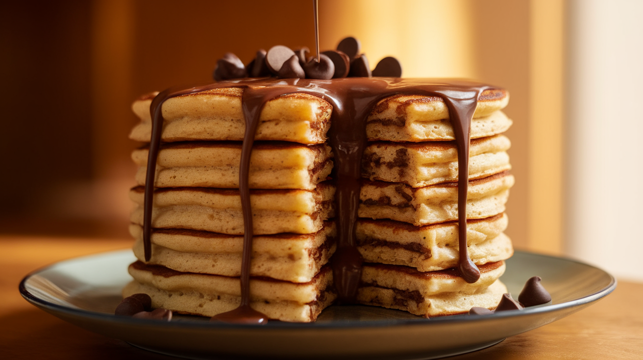 Chocolate stuffed pancakes stacked high and drizzled with melted chocolate, topped with fresh berries and a dusting of powdered sugar.