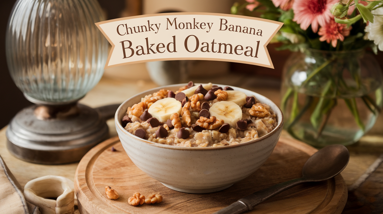 Warm and delicious Chunky Monkey Banana Baked Oatmeal with chocolate chips, banana slices, and a golden-brown oat crust.