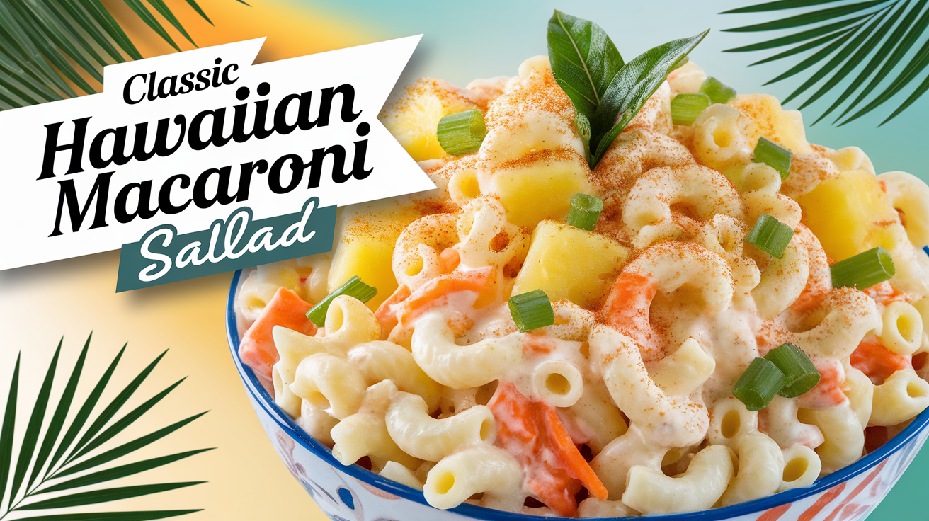 A bowl of classic Hawaiian macaroni salad with creamy dressing, chopped vegetables, and a garnish of fresh parsley.