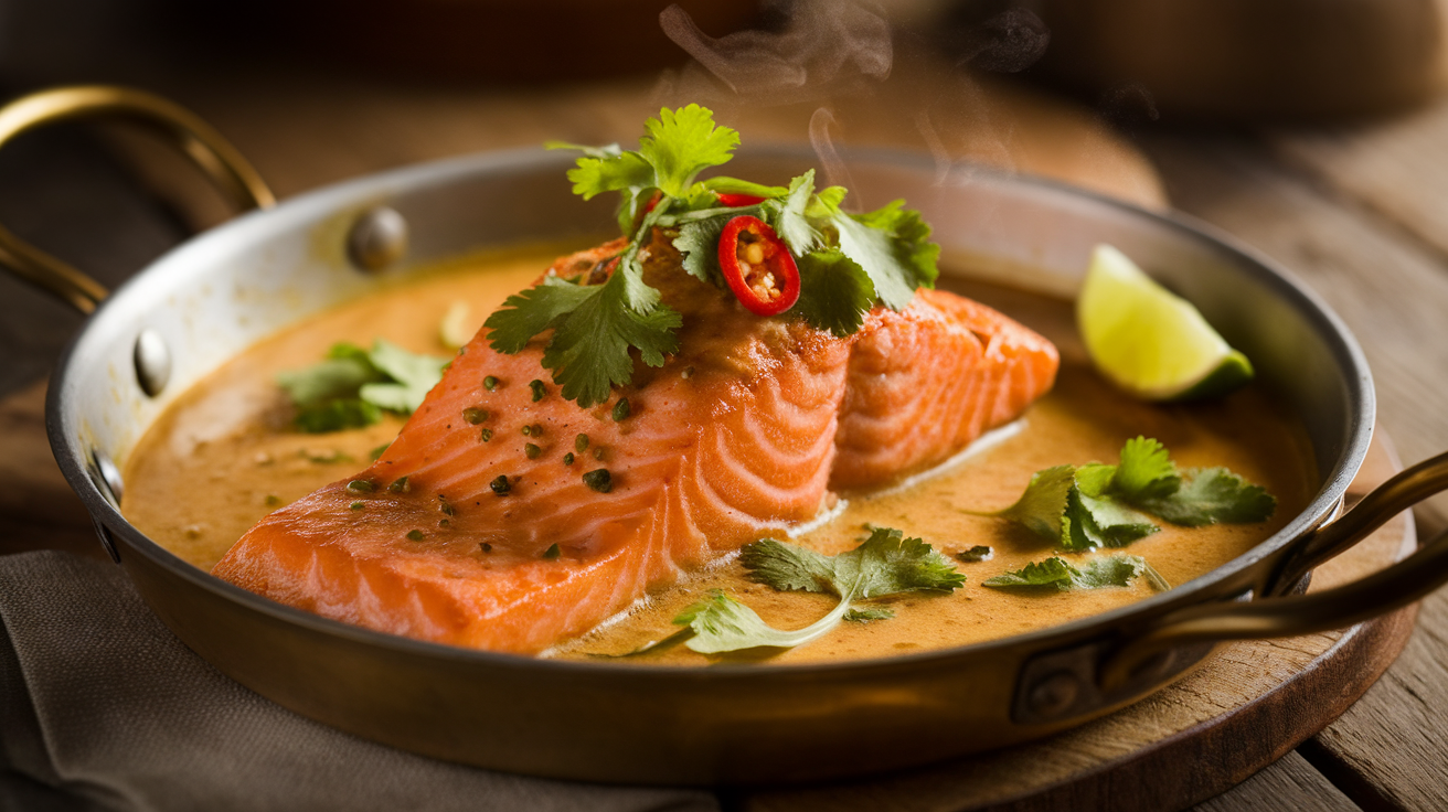 One-pan coconut curry salmon fillets in a golden curry sauce, garnished with fresh herbs and served with garlic butter.