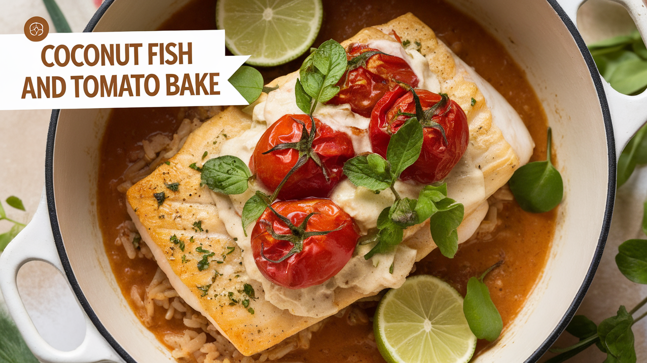 A delicious serving of Coconut Fish and Tomato Bake, featuring tender white fish fillets, fresh tomatoes, and a creamy coconut sauce, all baked to perfection.