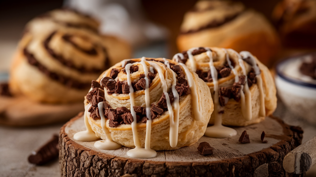 Freshly baked cookies and cream rolls drizzled with icing and topped with crushed chocolate cookies.