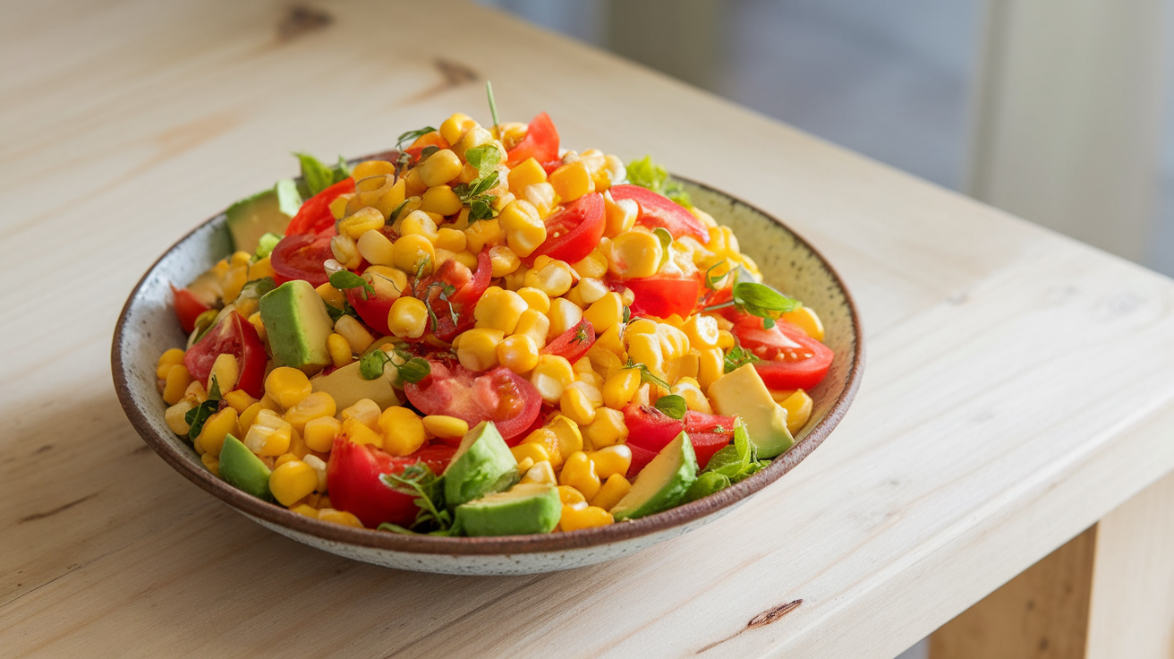 Fresh corn, tomato, and avocado salad served in a white bowl.