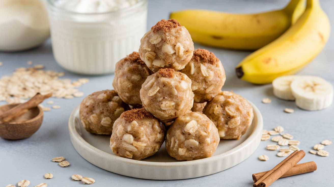 A close-up of cottage cheese banana bread energy balls stacked on a rustic wooden board, with visible bits of banana and oats.