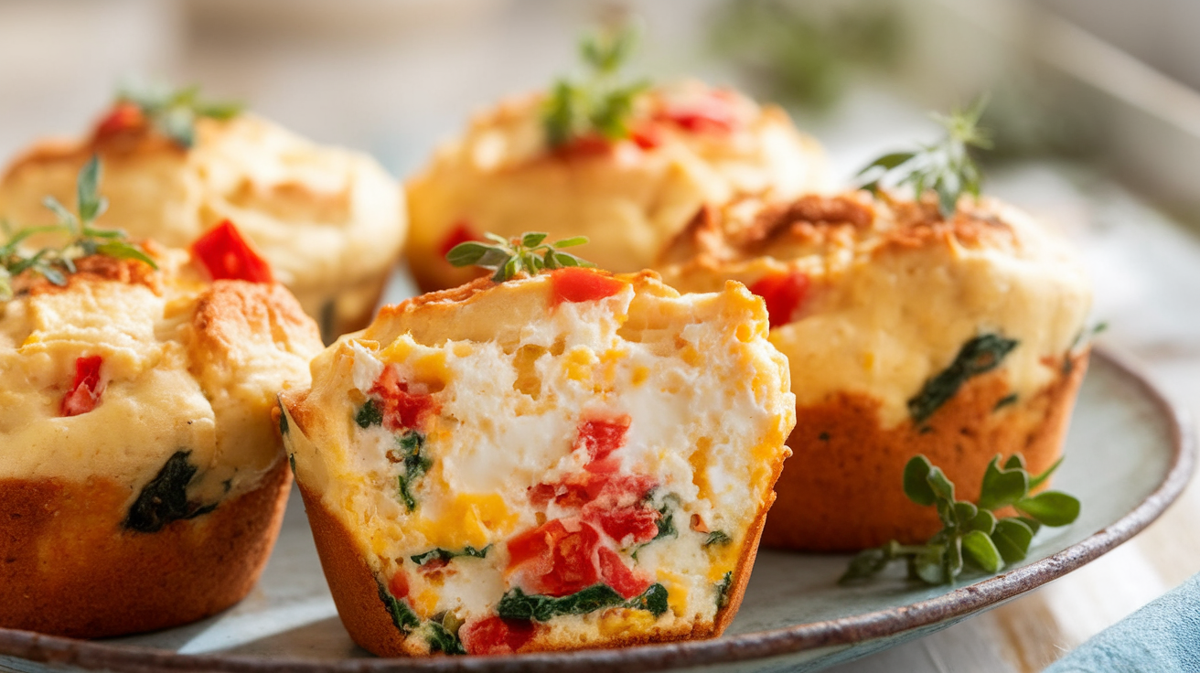 Close-up of golden-brown fluffy egg muffins with cottage cheese and herbs in a muffin tin.