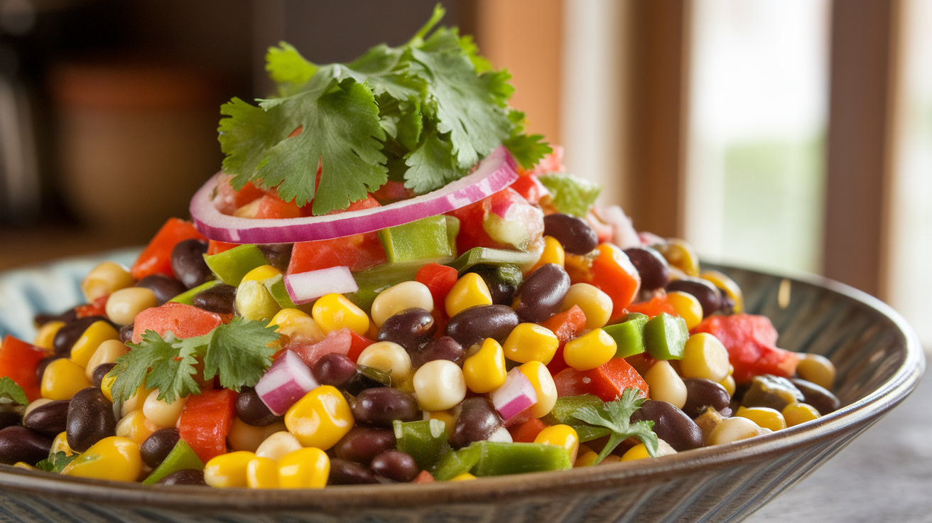 A colorful bowl of cowboy caviar with black beans, corn, tomatoes, onions, and cilantro.