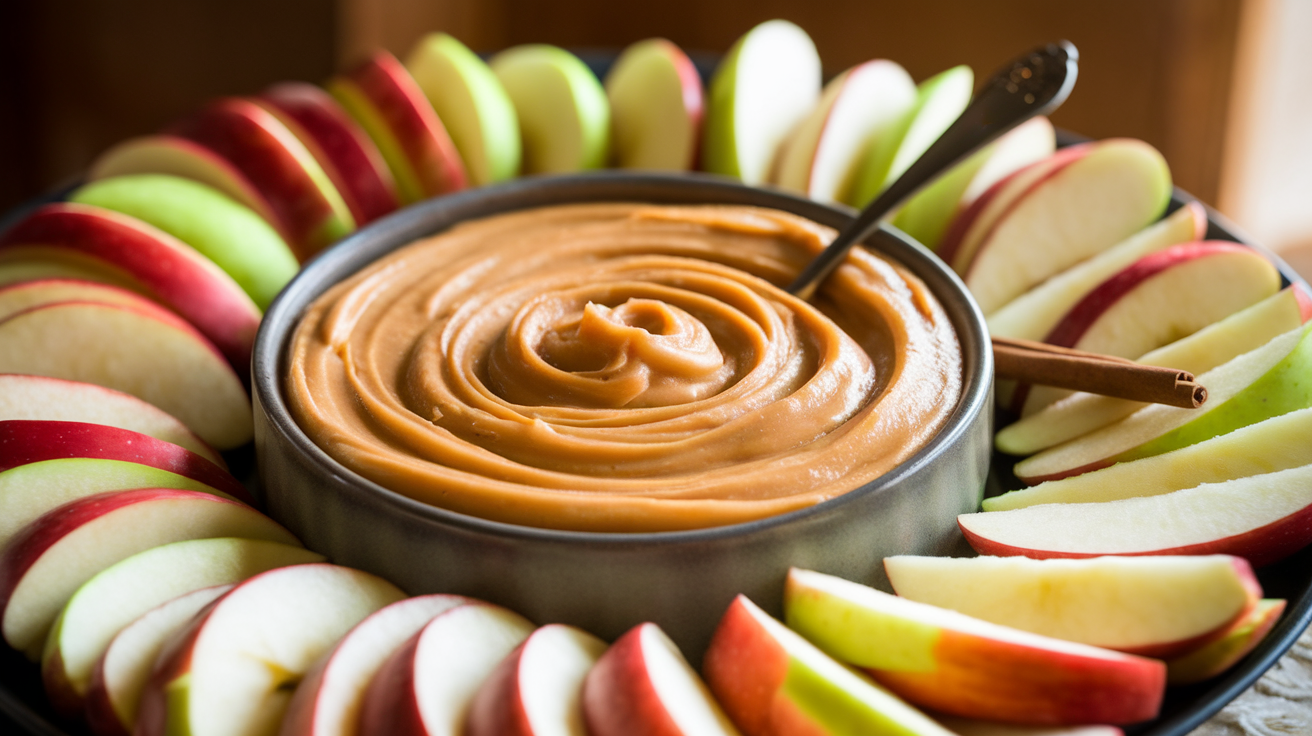 A bowl of cream cheese caramel apple dip swirled with golden caramel, topped with chopped nuts, surrounded by fresh apple slices.