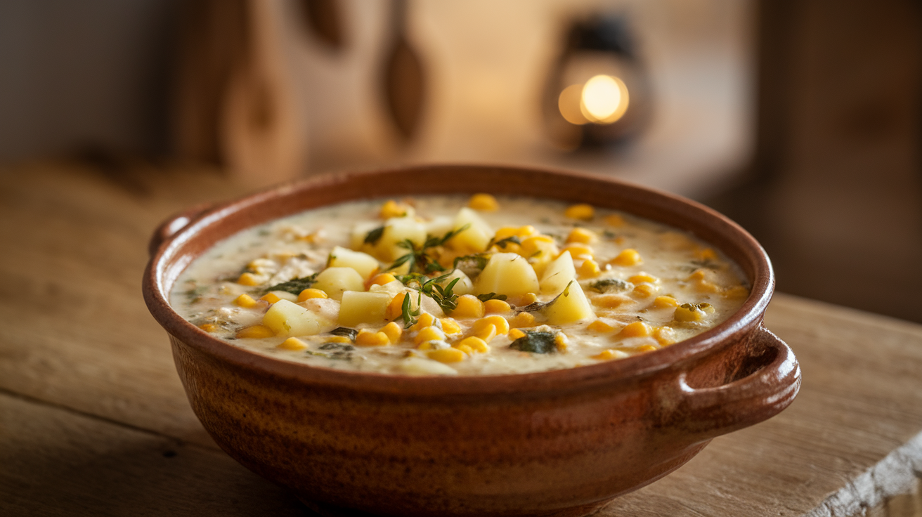 A bowl of creamy corn chowder garnished with fresh herbs and crispy bacon bits.
