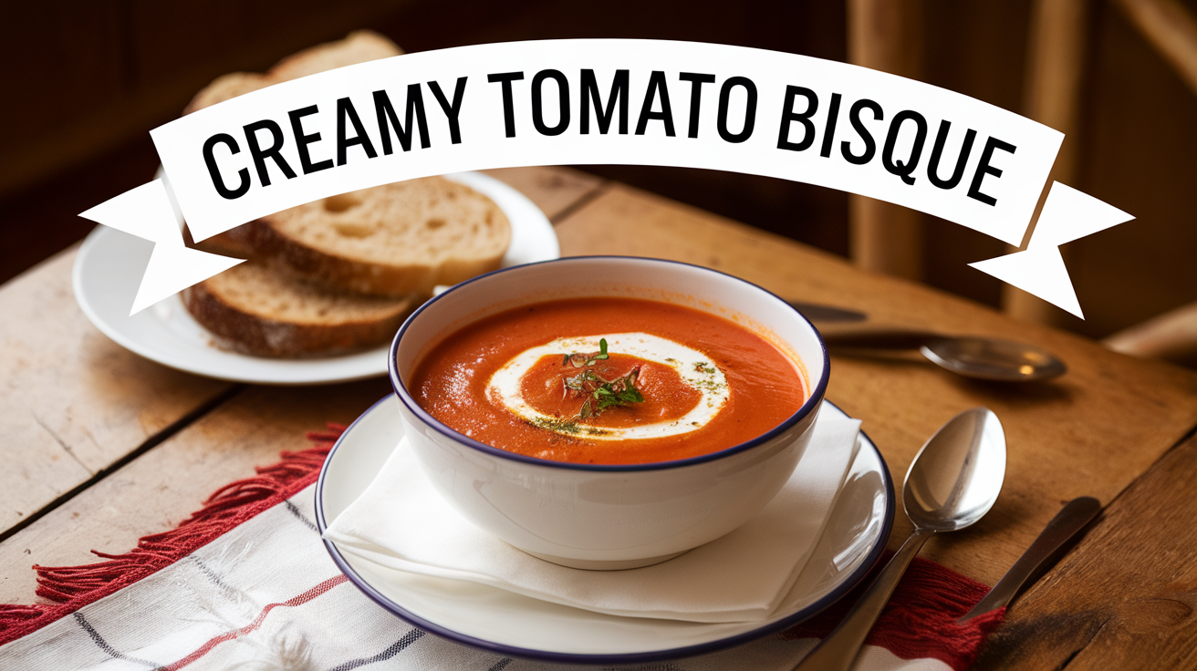 Creamy tomato bisque served in a bowl, garnished with fresh basil and a swirl of cream.