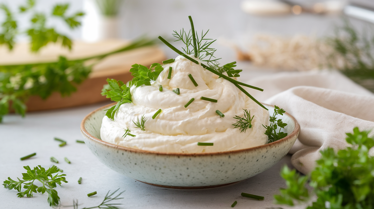 Creamy whipped feta cheese topped with chopped fresh herbs in a rustic bowl