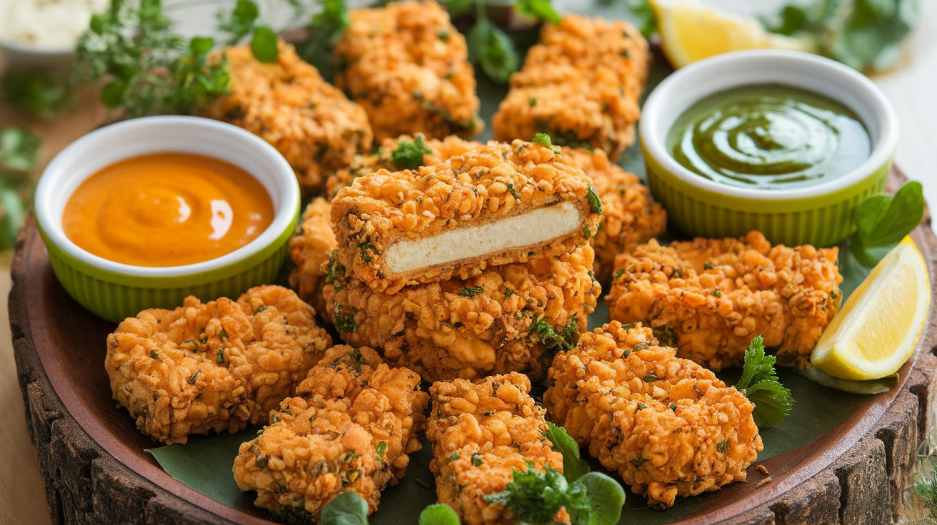 Golden brown crispy vegan tofu nuggets served on a white plate with a side of dipping sauce.