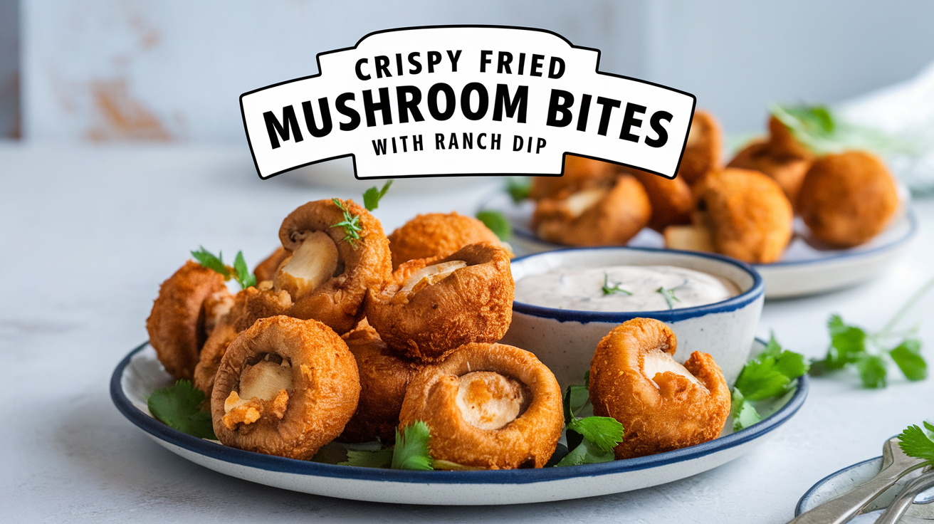 Golden, crispy fried mushroom bites served with a side of creamy ranch dip.