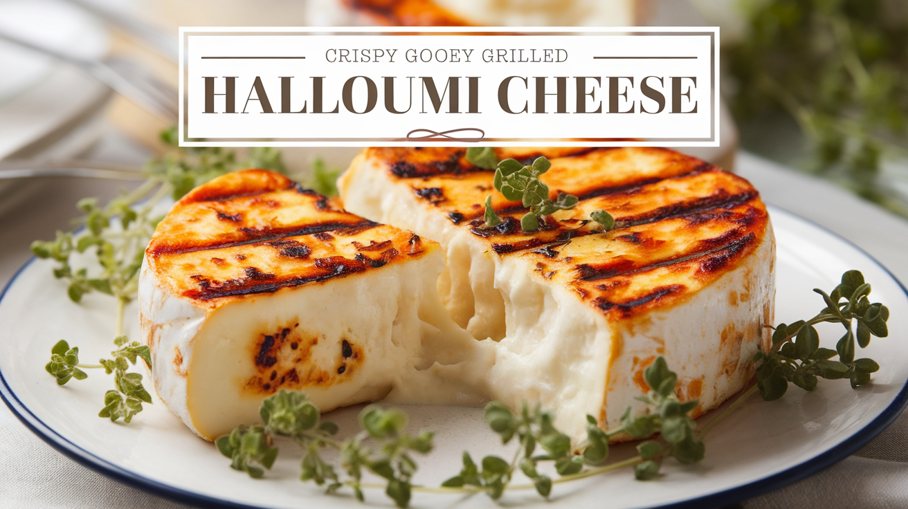 A close-up of crispy grilled Halloumi cheese with a golden-brown crust, showcasing the gooey interior melting out.