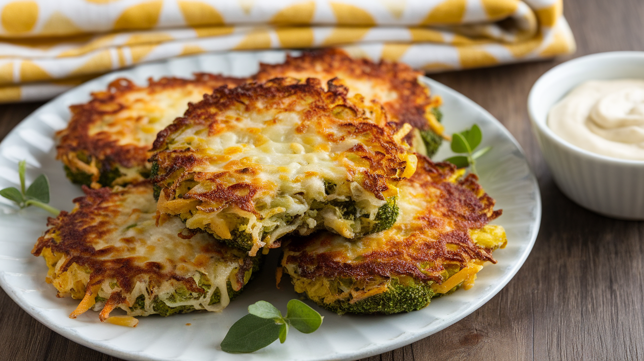 Golden crispy broccoli chips sprinkled with grated Parmesan cheese served on a white plate.