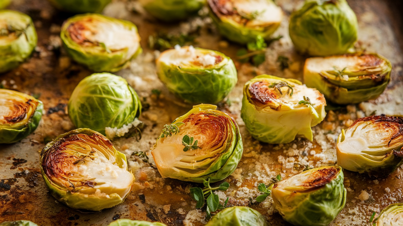 Golden-brown roasted Brussels sprouts coated with crispy Parmesan cheese, served in a rustic white bowl.