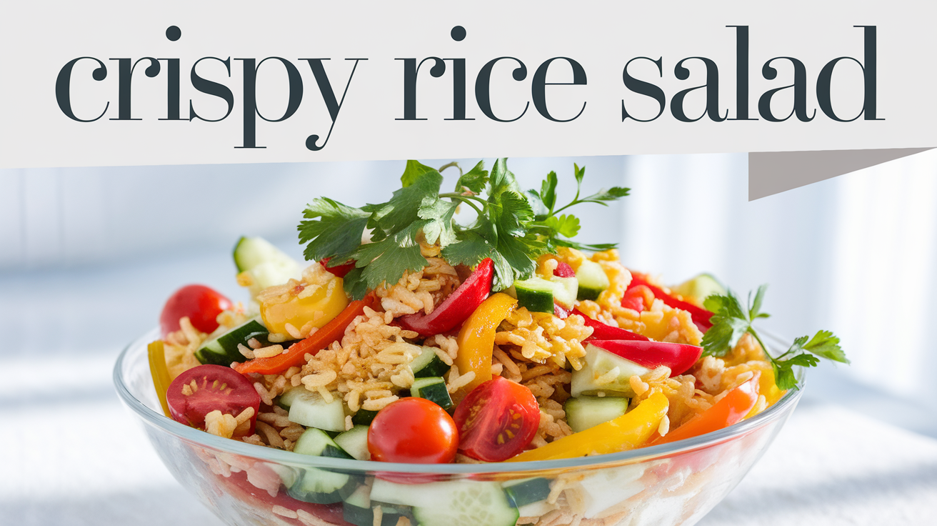 A vibrant bowl of crispy rice salad topped with fresh vegetables and herbs.