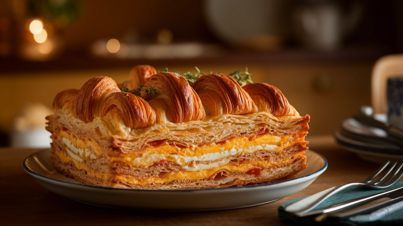 A deliciously golden and fluffy croissant breakfast casserole with layers of croissants, eggs, cheese, and vegetables, garnished with fresh herbs.