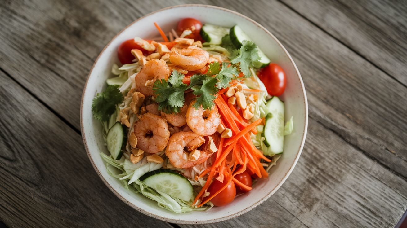 A vibrant bowl of crunchy shrimp salad with fresh vegetables, crispy toppings, and golden shrimp on a bed of greens.