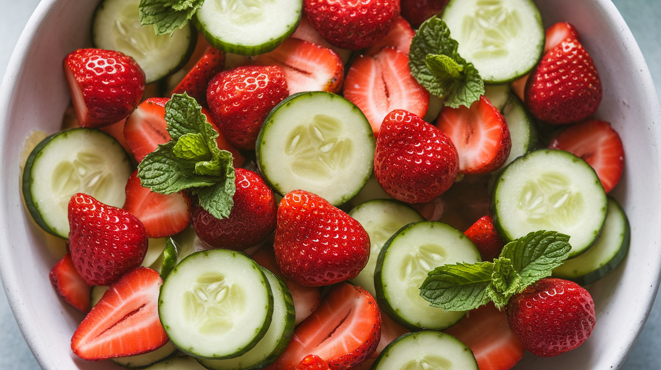 A fresh and vibrant cucumber and strawberry salad garnished with mint leaves, showcasing a colorful blend of red strawberries, green cucumber slices, and herbs.