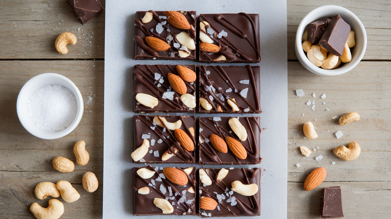 Close-up of homemade KIND Nut Bars with dark chocolate and a sprinkle of sea salt, featuring a crunchy texture and rich flavor.
