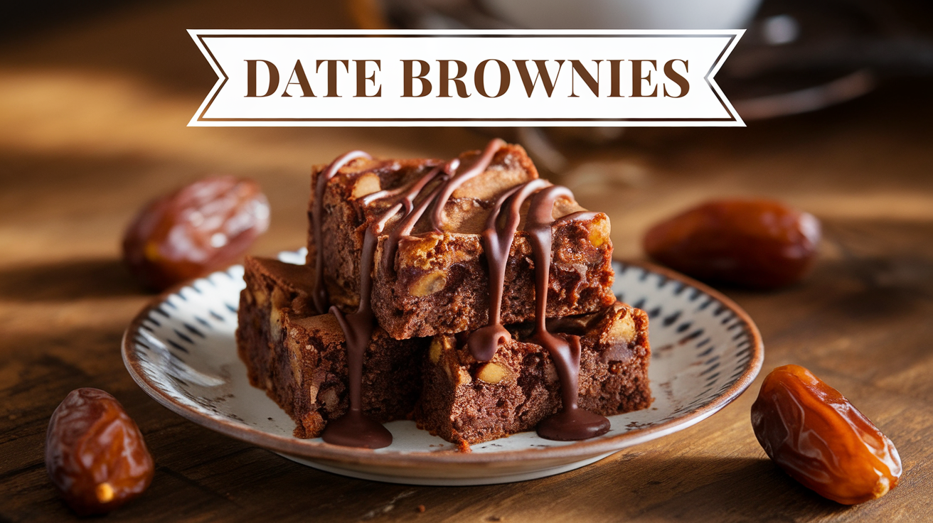 Delicious homemade date brownies on a wooden table.