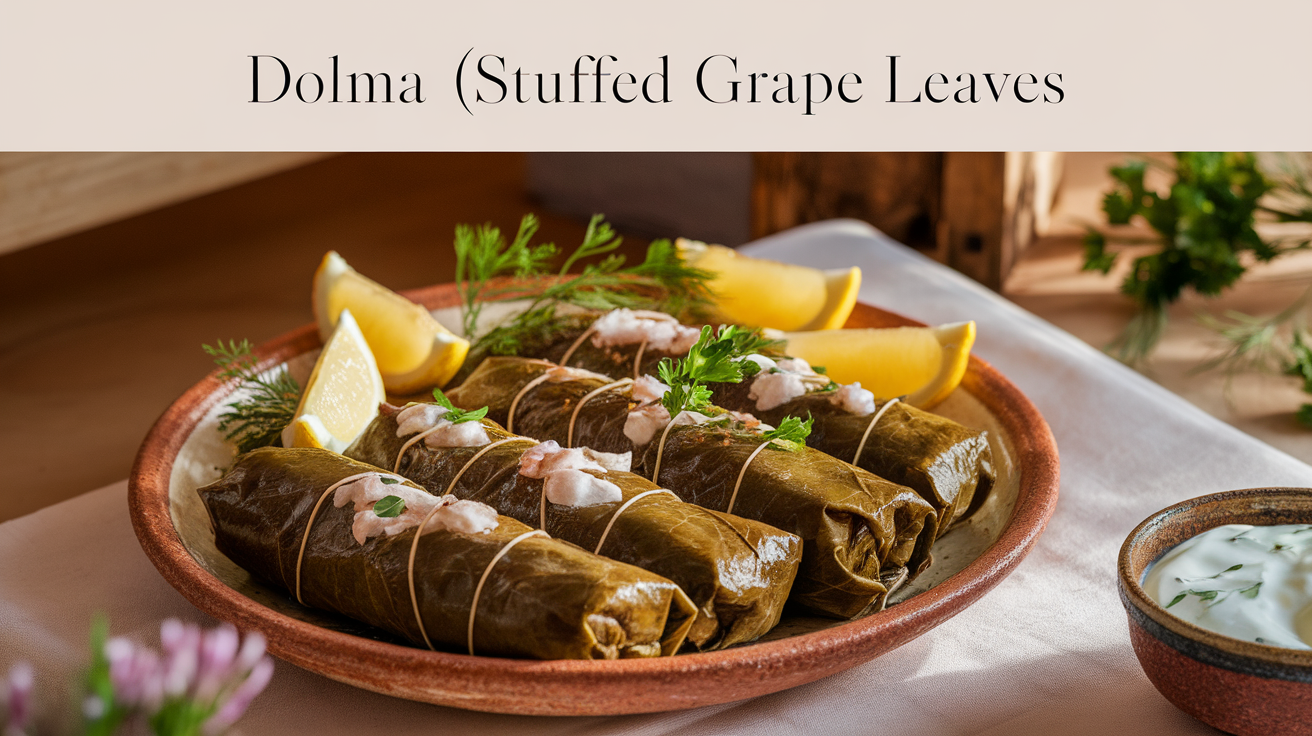 Stuffed grape leaves neatly arranged on a plate, garnished with lemon slices and fresh herbs