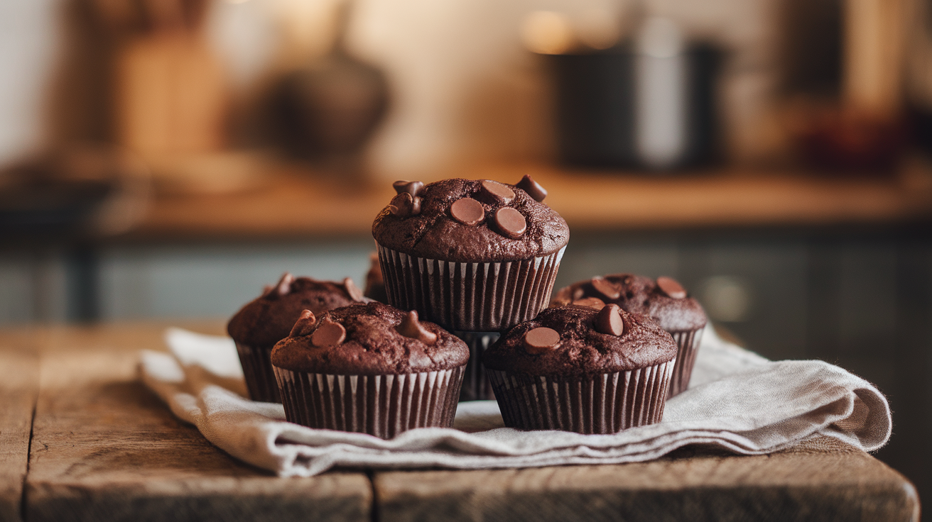 Close-up of freshly baked double chocolate chip muffins with melted chocolate chips visible on top.
