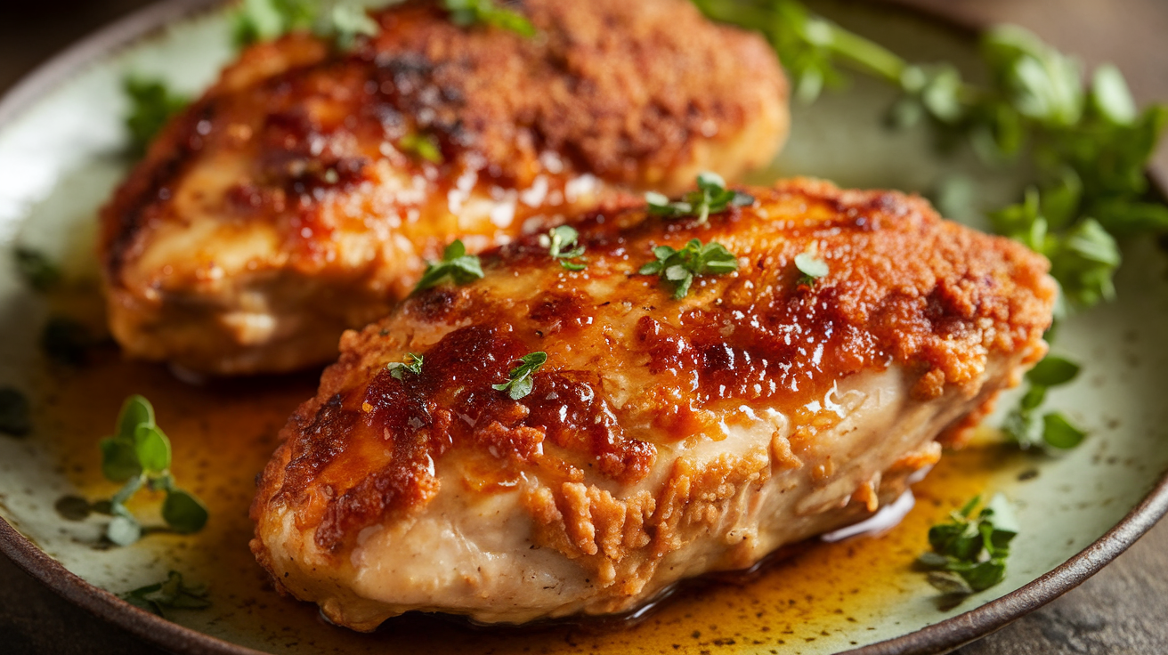 Crispy golden honey garlic chicken breasts with a double crunchy coating, served on a white plate with fresh herbs.