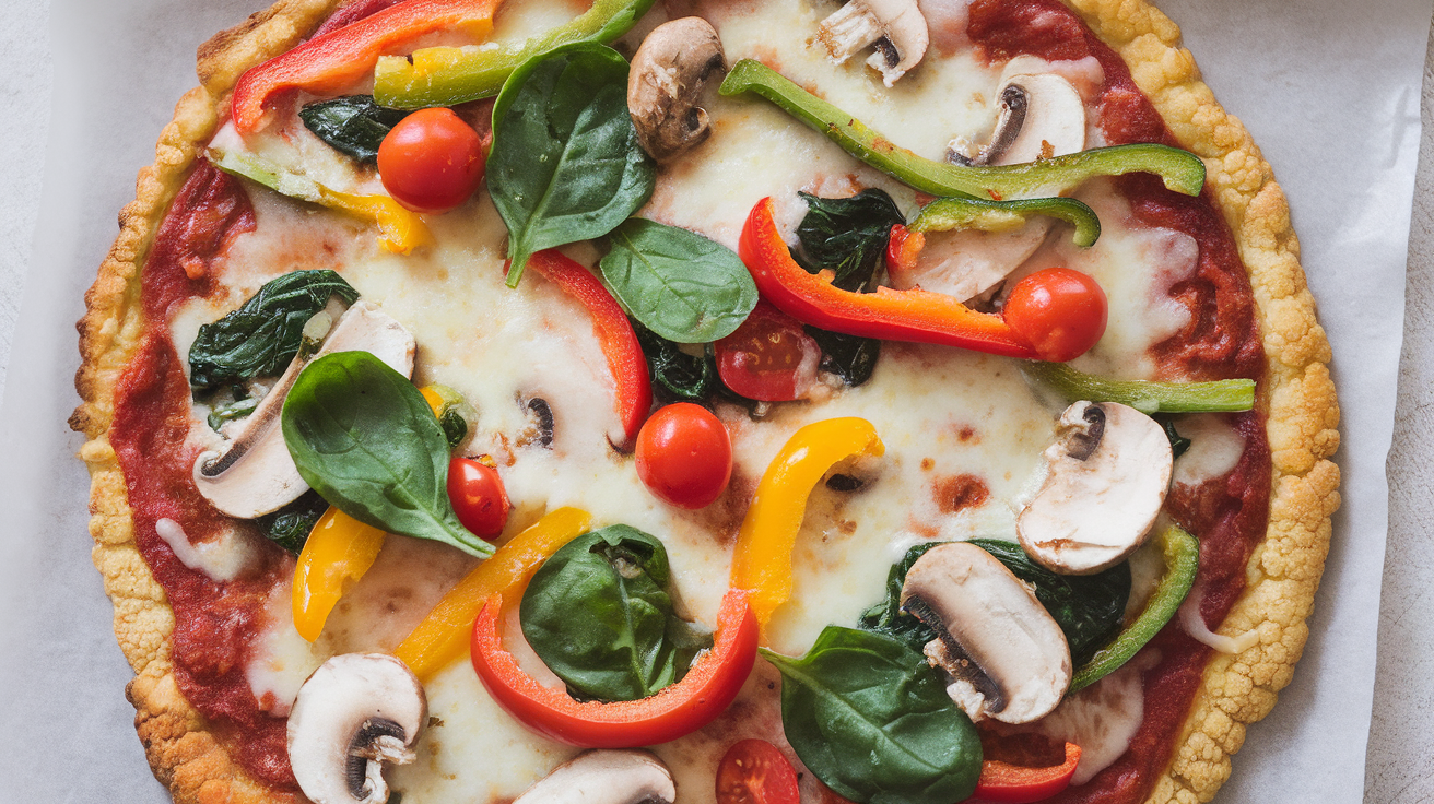 Delicious Easy Cauliflower Crust Pizza with fresh toppings and a crispy, golden crust.