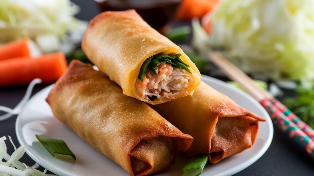 Homemade Chinese egg rolls with crispy golden brown wrappers, served with dipping sauce.