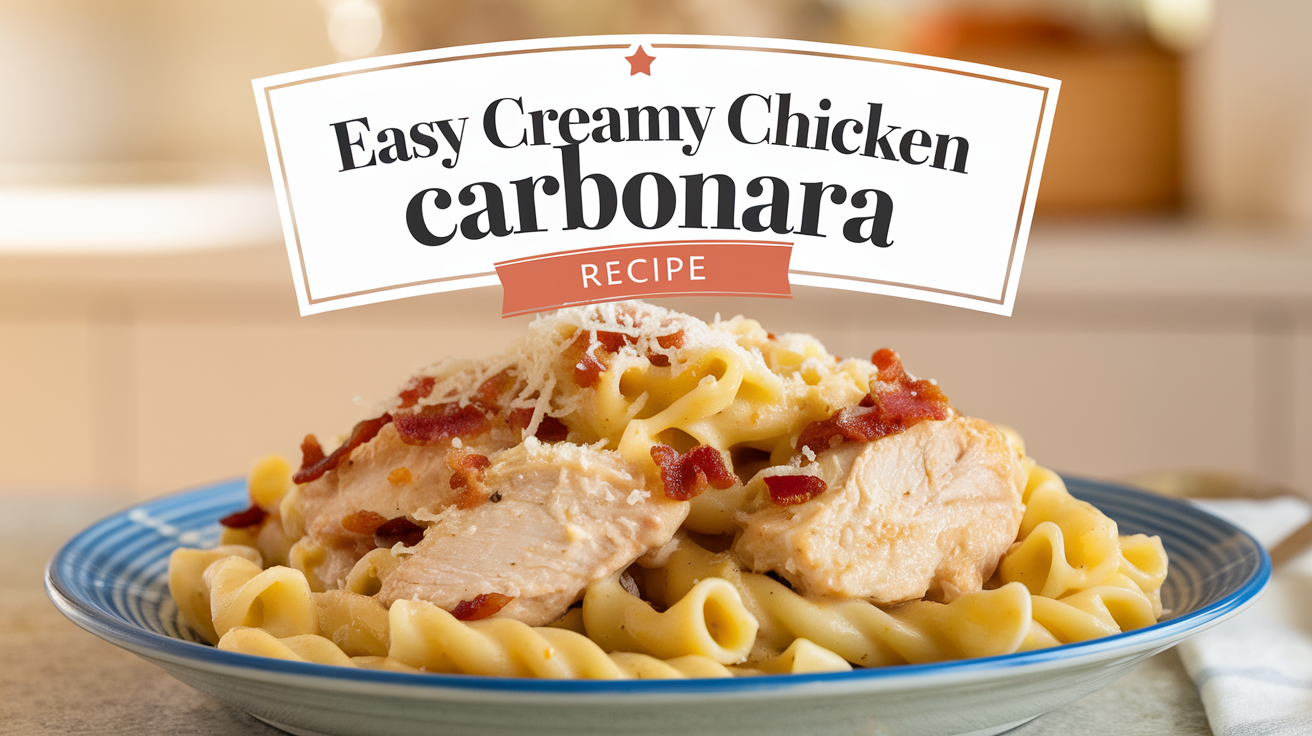 Plate of creamy chicken carbonara with pasta, topped with grated cheese and garnished with fresh herbs.