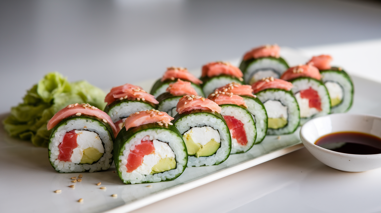 Close-up of easy cucumber sushi rolls neatly arranged on a white plate with dipping sauce on the side.
