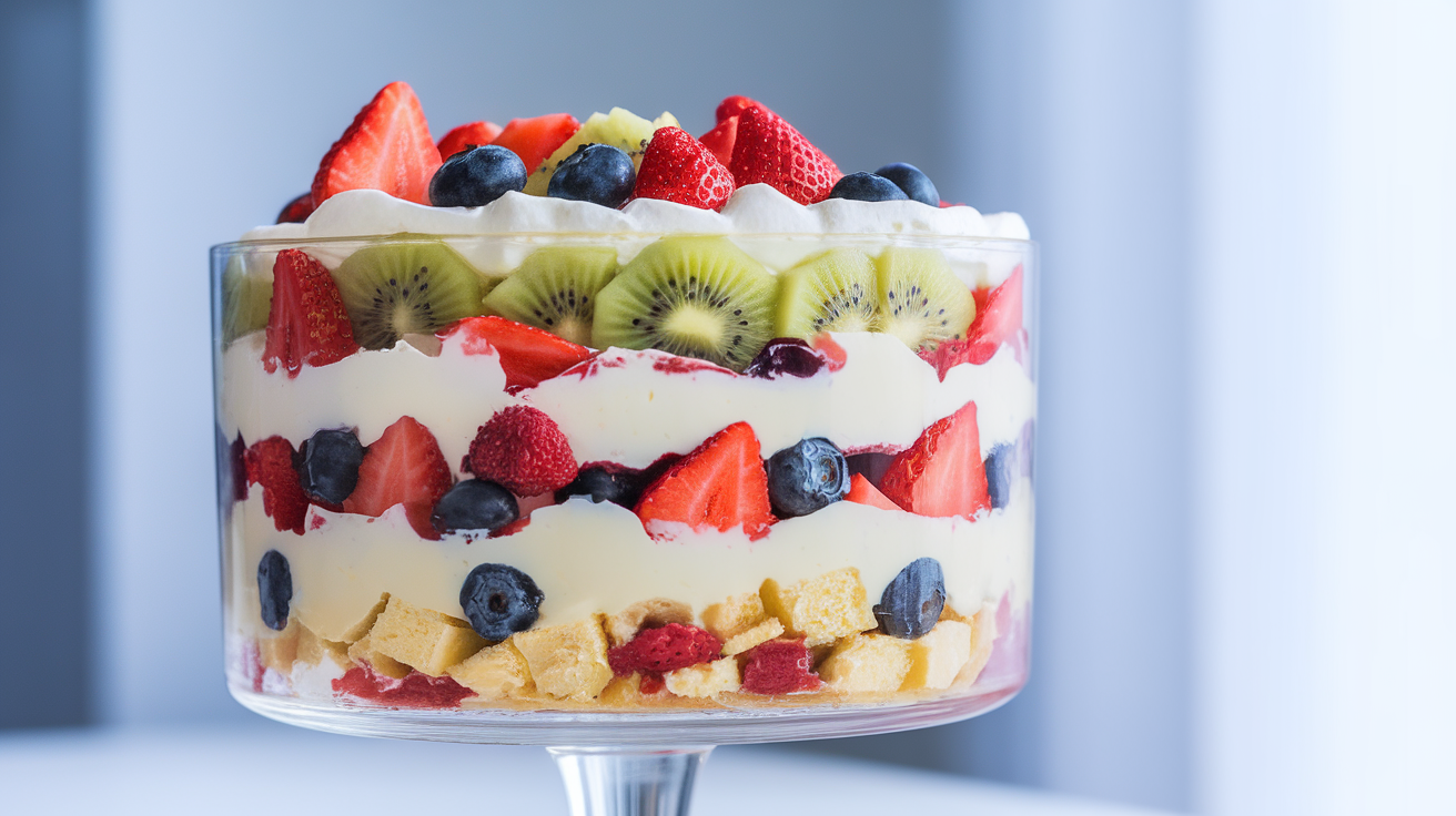 A colorful glass bowl filled with layers of fresh fruit, whipped cream, and cake pieces, creating a vibrant fruit trifle dessert.