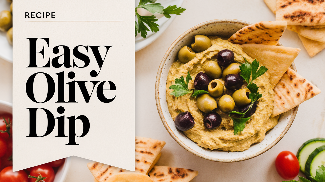 A bowl of easy olive dip garnished with fresh herbs, served with crispy pita chips on the side.