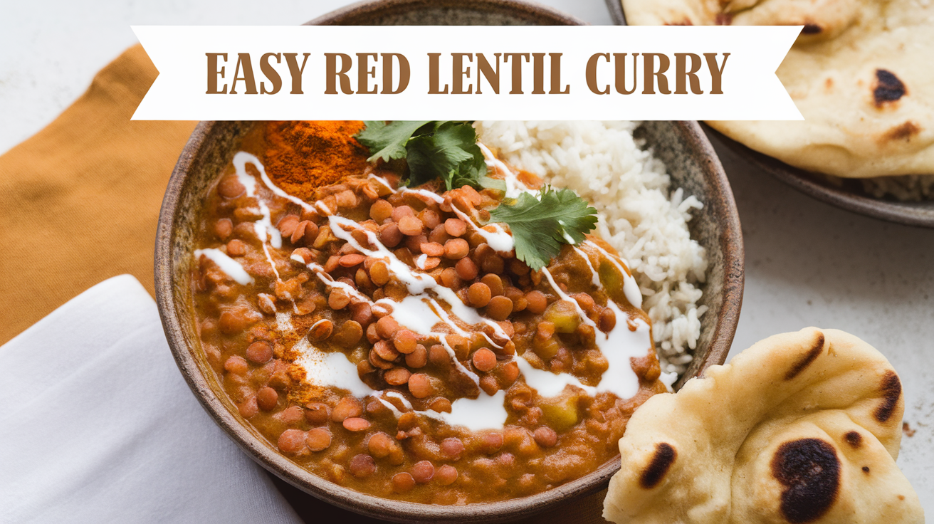 A bowl of creamy and flavorful red lentil curry with a side of steamed rice and garnished with fresh cilantro, served in a warm, rustic dish.