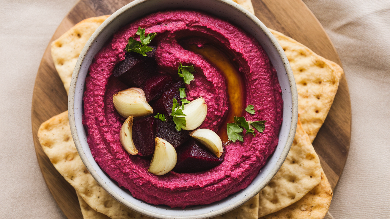 A bowl of creamy roasted beet and garlic hummus garnished with a drizzle of olive oil, fresh parsley, and a sprinkle of sesame seeds, surrounded by crispy pita chips.