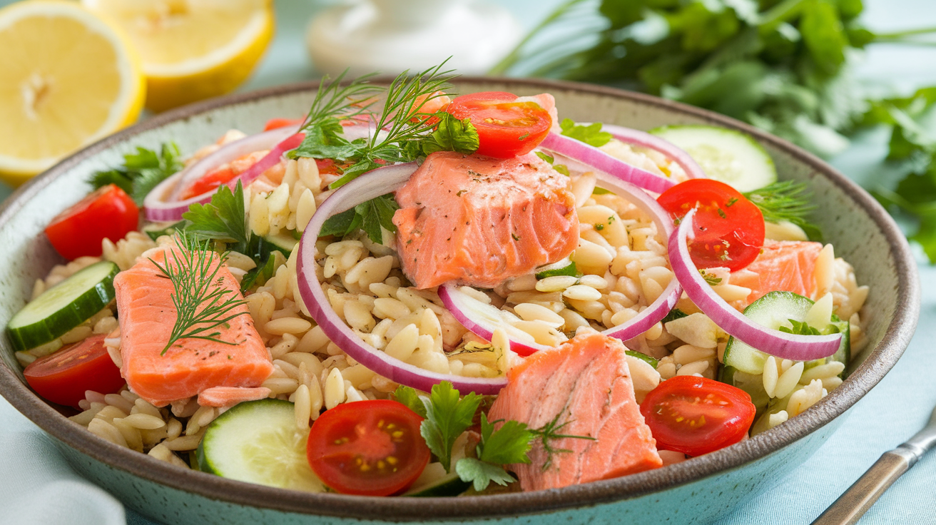 A bowl of salmon orzo pasta salad with flaked salmon, orzo, cherry tomatoes, cucumbers, red onions, and fresh herbs.