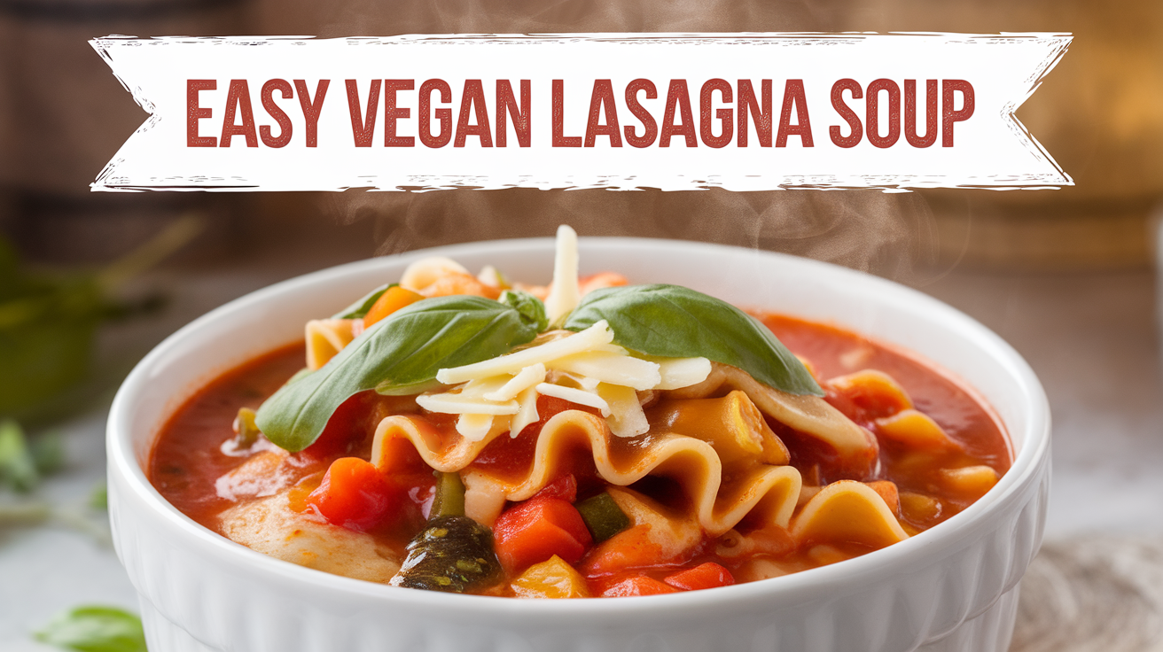 Vibrant bowl of Easy Vegan Lasagna Soup with a hearty mix of vegetables, plant-based noodles, and a rich tomato broth topped with fresh basil and vegan cheese.
