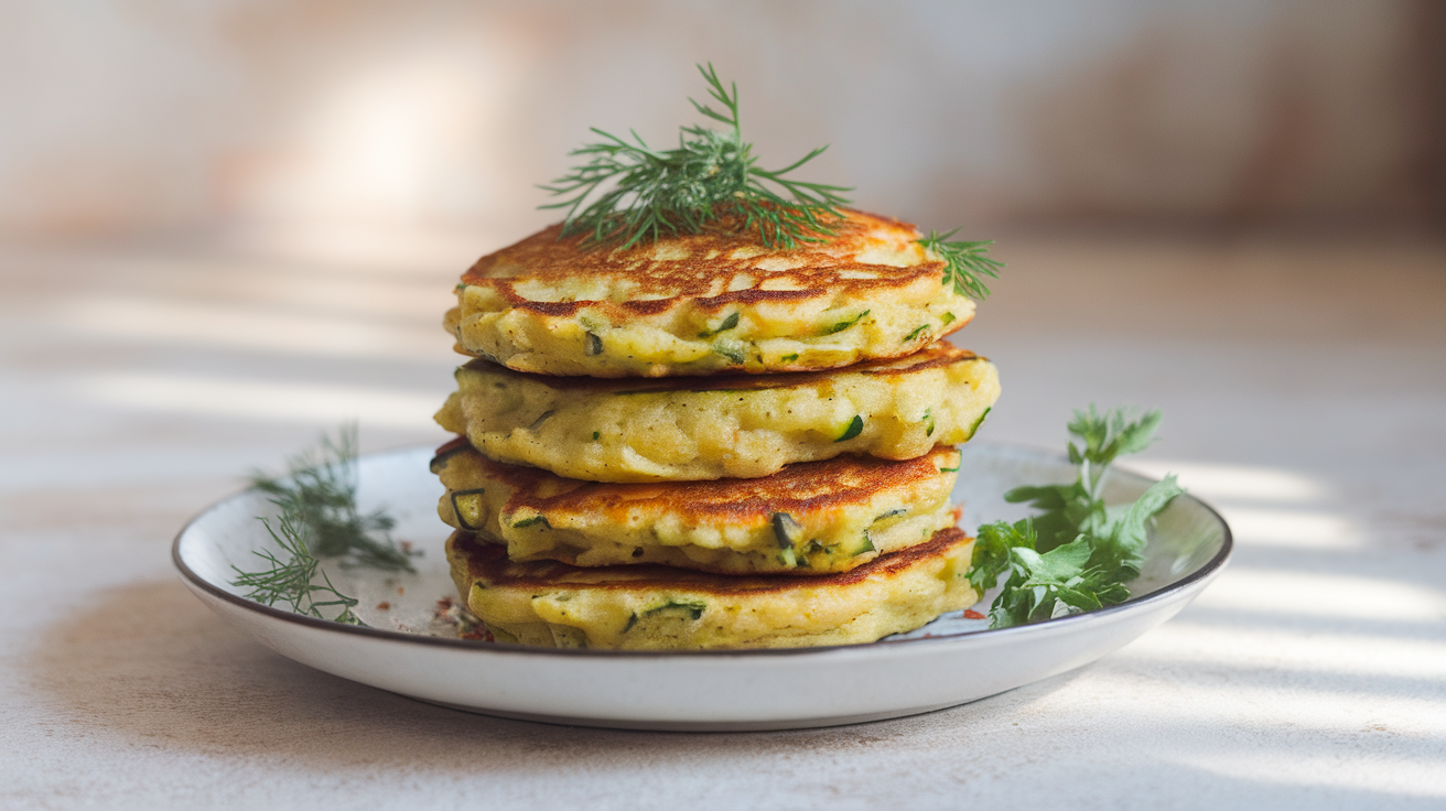 Golden-brown zucchini carrot pancakes stacked on a plate, garnished with fresh herbs and served with a dollop of sour cream.