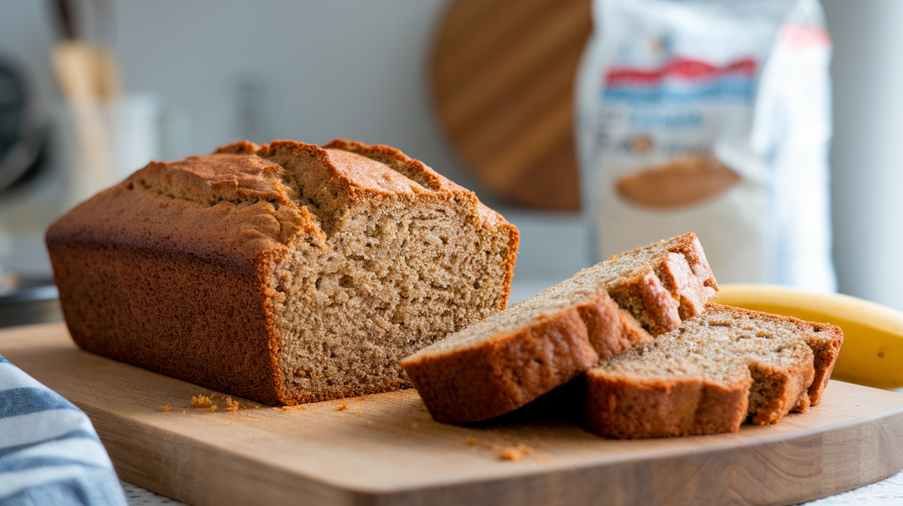 A freshly baked loaf of golden brown eggless banana bread sliced on a wooden cutting board with bananas in the background.