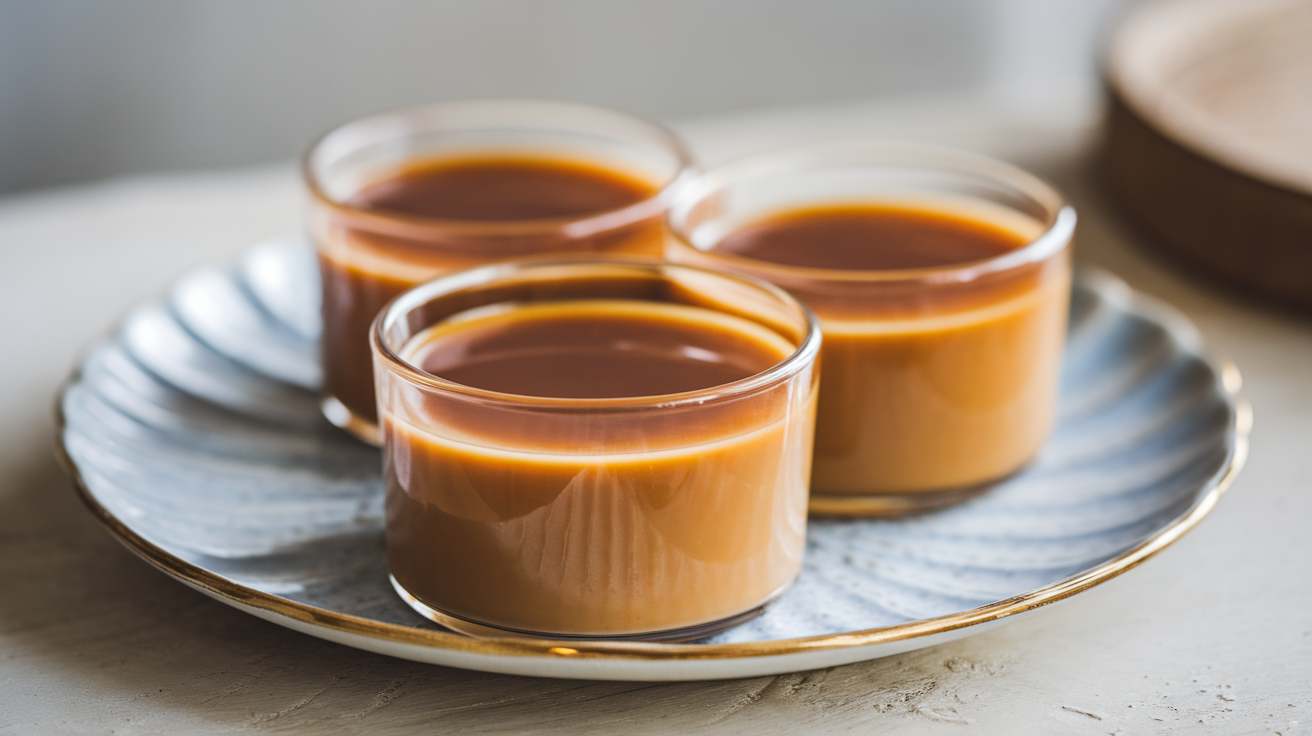 A smooth, golden-brown eggless caramel pudding topped with glossy caramel sauce, served on a white plate.
