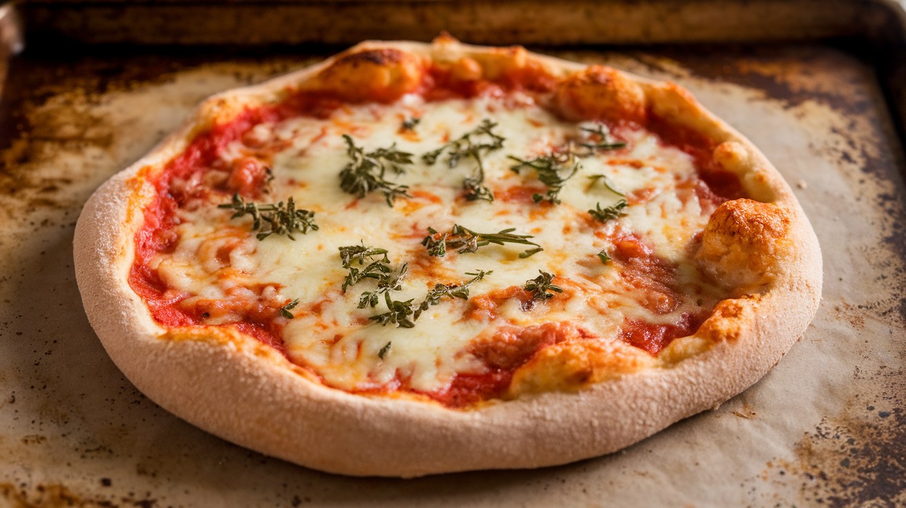 Low-carb Fathead pizza crust topped with melted cheese and herbs on a baking tray.