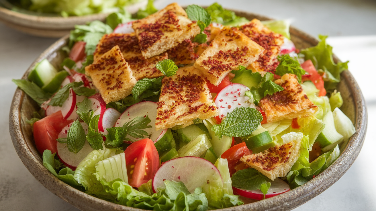 Colorful bowl of Fattoush salad with crispy pita chips, fresh vegetables, and herbs.