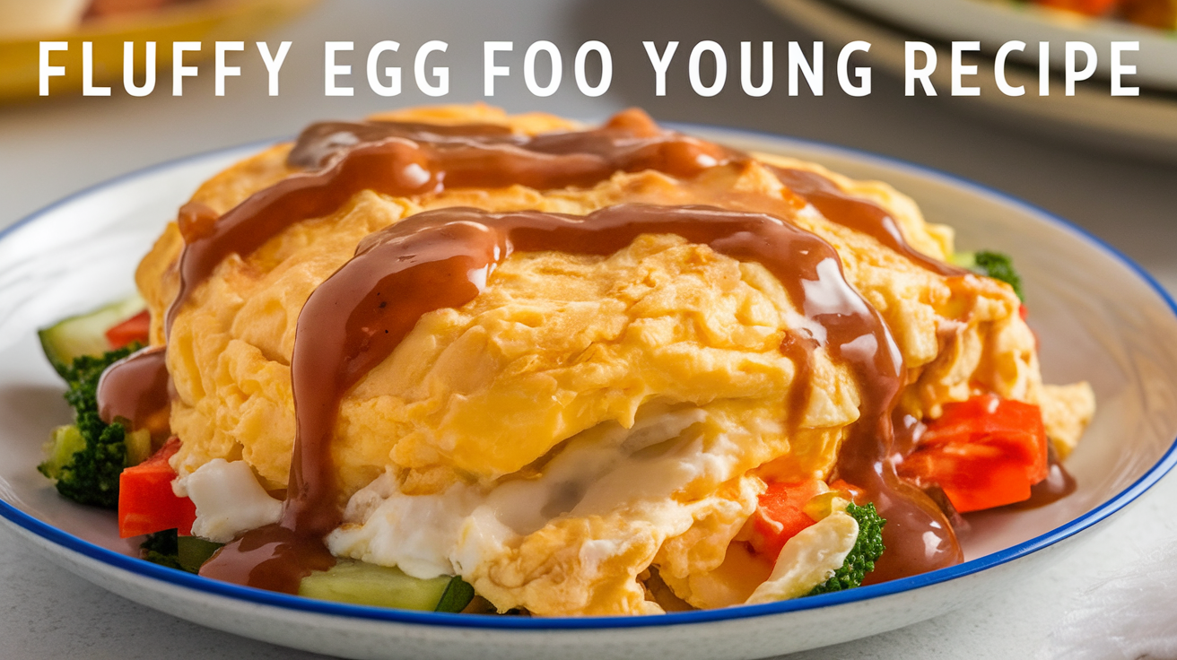 Fluffy Egg Foo Young served on a plate with vegetables and savory sauce.