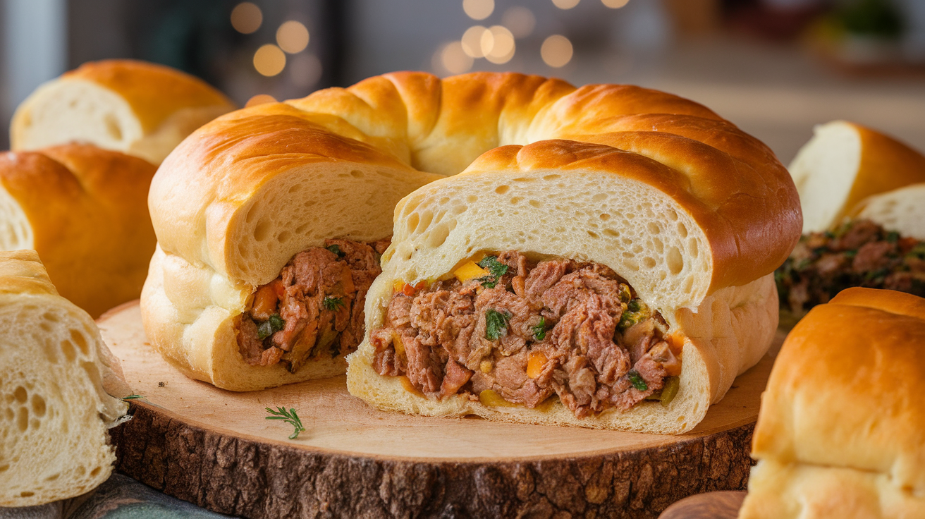 Fluffy pan bread filled with savory beef, showcasing soft golden-brown bread and tender beef filling.