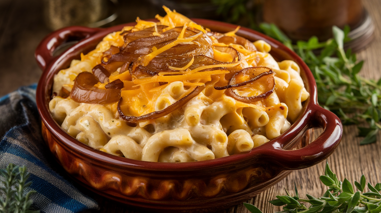 A creamy baked French onion mac and cheese topped with caramelized onions and melted golden cheese in a rustic casserole dish.
