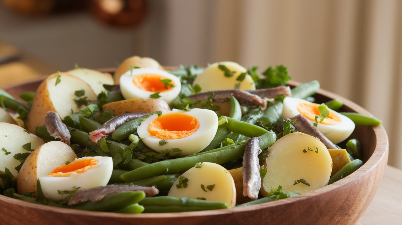 A bowl of French potato and green bean salad with tender green beans, golden baby potatoes, and fresh herbs.