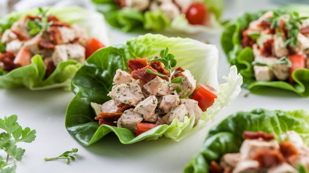 Fresh and light BLT chicken salad served in crisp lettuce wraps on a white plate.